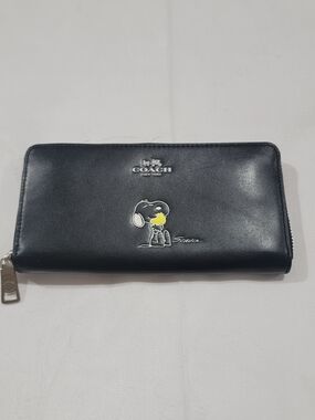 COACH Black Leather Zip Wallet with Snoopy Graphic